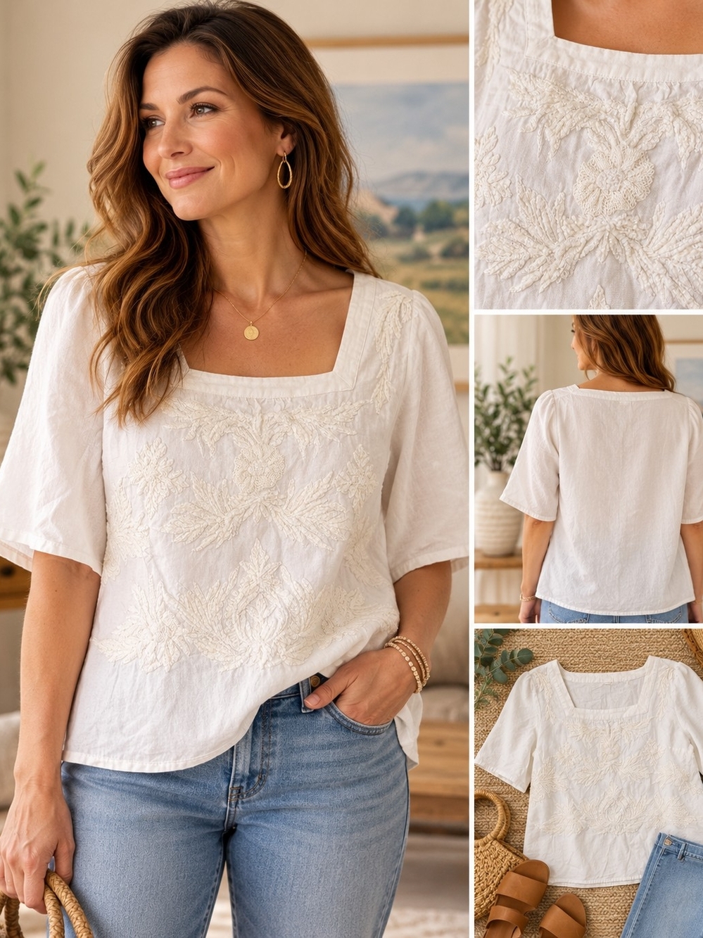 Soft Surroundings XL White Linen Blend Embroidered Floral Boho Blouse